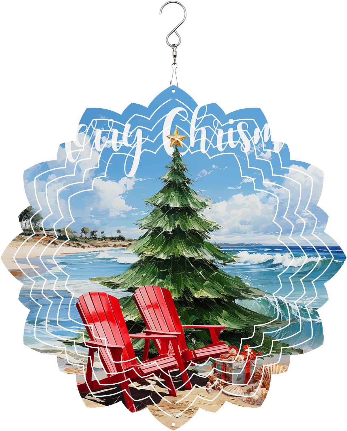 Christmas Wind Spinners for Yard and Garden Decor, Merry Christmas Tree Beach Metal Wind Spinner Hanging for Outdoor Indoor Decor, Watercolor Porch Garden Wind Sculptures Decorations 10inch