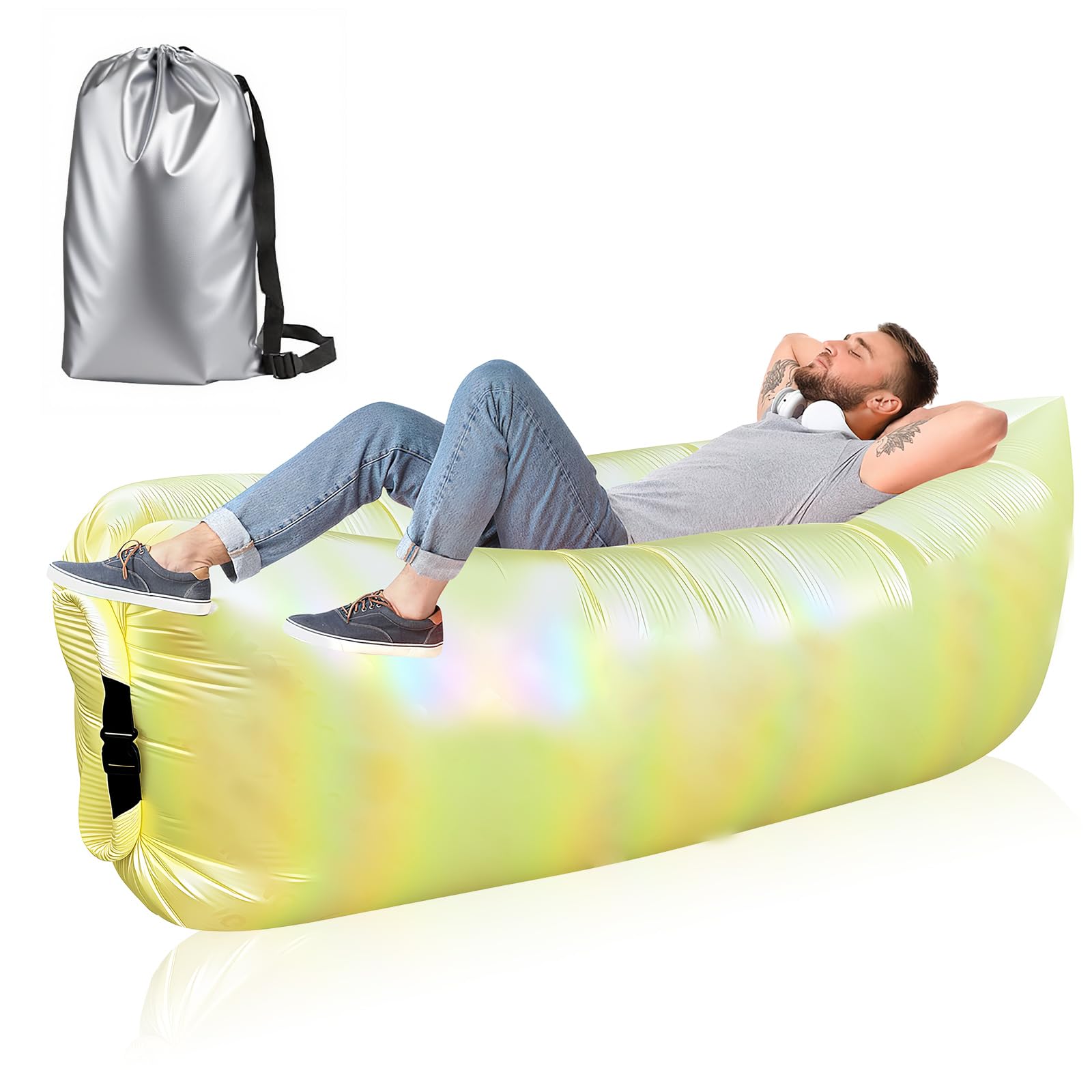 Dwafill Aufblasbares Camping Sofa Strand, 230 * 70CM Luftsofa Outdoor, Luftsack, Airlounge, Luft Sitzsack, Outdoor Liege Couch, für Picknicks, Gärten, Musikfestivals (Eindicken Gittertuch, Gelb)