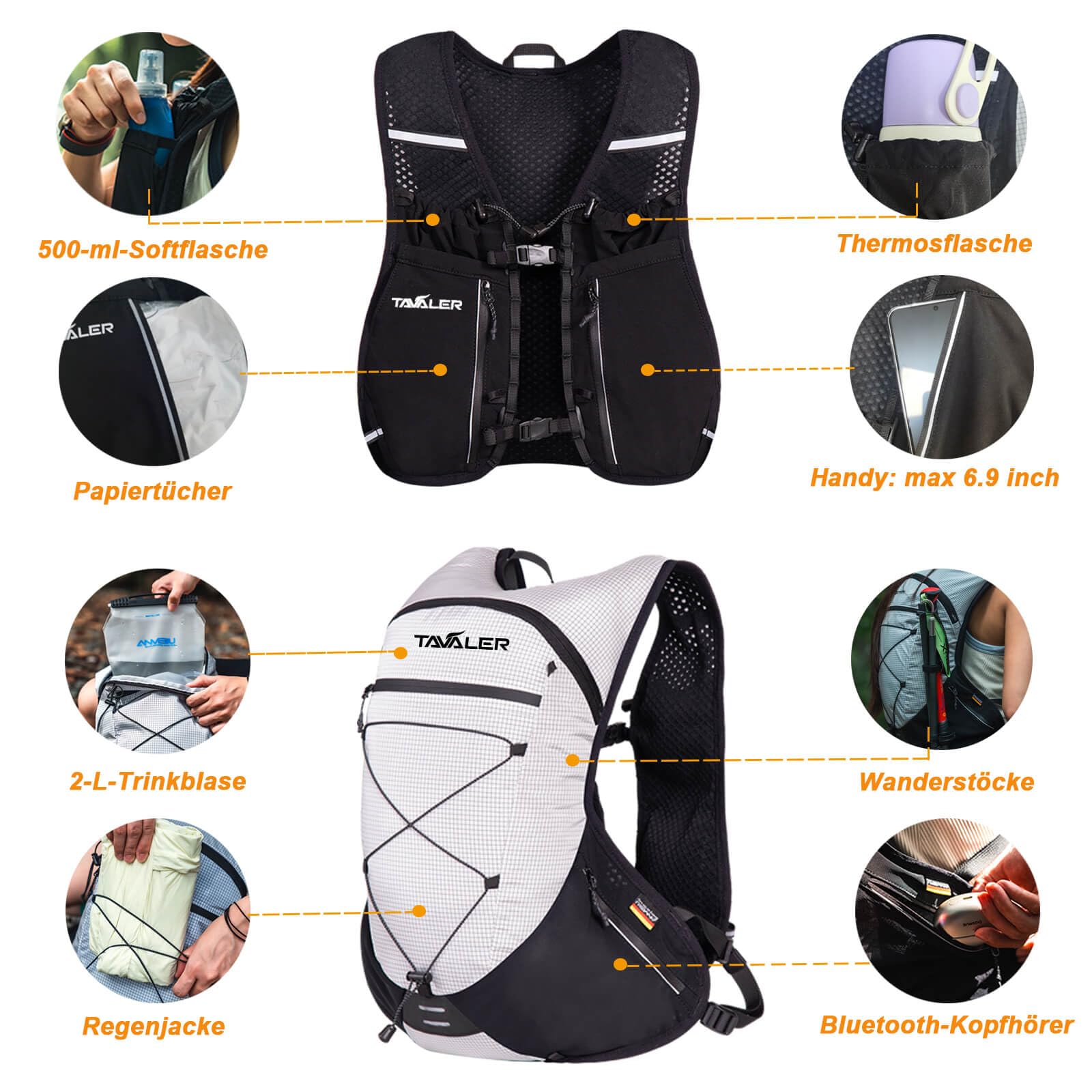 Tavaler Laufweste Damen und Herren 5L Kapazität mit Trinkflasche 500 ml | Verstellbar Laufrucksack Ultraleicht Running Vest Atmungsaktiv Trinkweste Laufen für Laufen Radfahren Marathon Bergsteigen