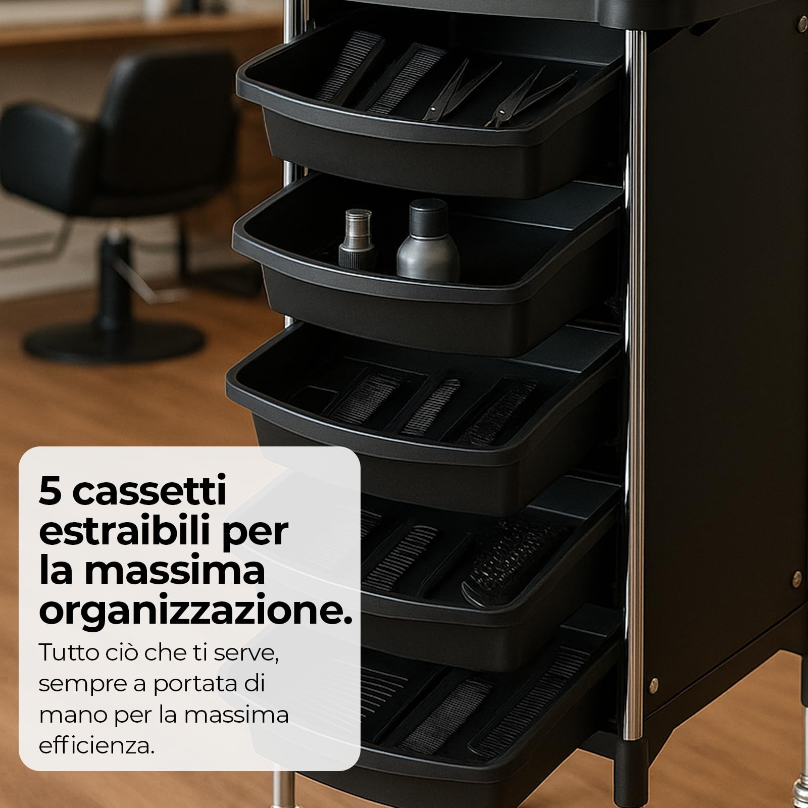Altéax Carrello Parrucchiere Professionale con 6 Livelli e 5 Cassetti Estraibili - Carrello Estetista - Carrello per Parrucchieri 1pz. Accessori non Inclusi - Carrello Barbiere - Carrello Portaoggetti