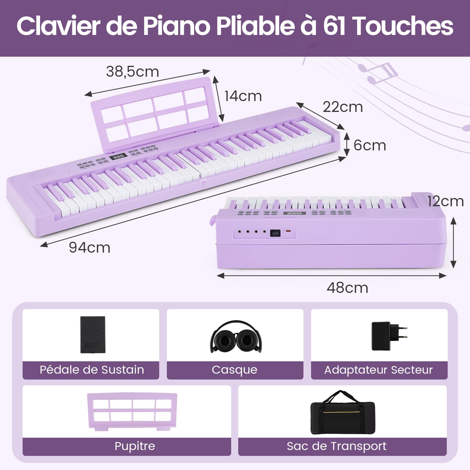 COSTWAY Piano Numérique 61 Touches Pliable avec Casque, Pupitre, Clavier Piano Taille Complète avec Haut-Parleurs, Pédale de Sustain, Fonction MIDI, 128 Sons 128 Rythmes pour Débutants (Violet)