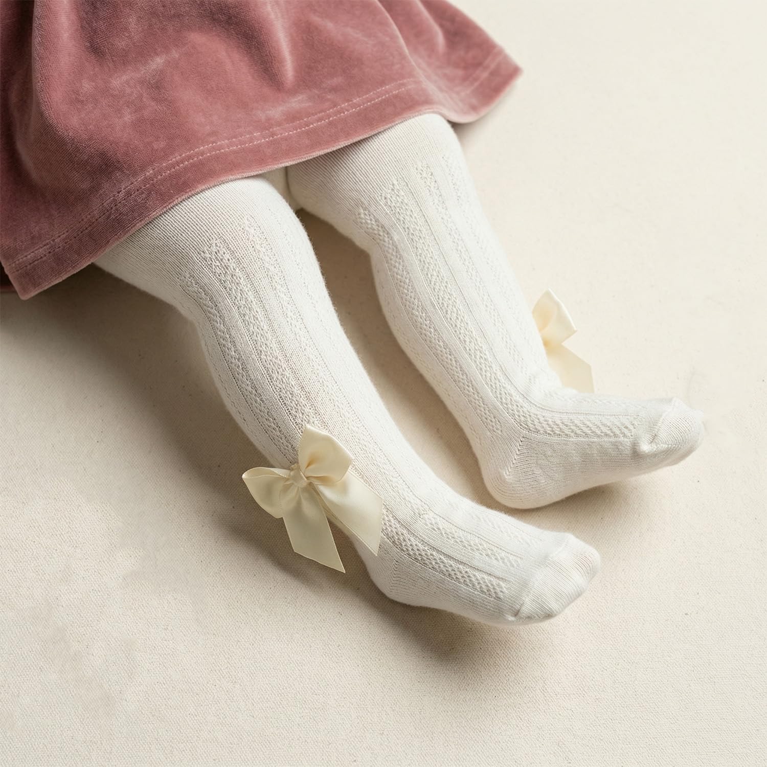 SYGA Girls Mesh Cotton Stockings, Mosquito-Proof Pantyhose with Bow Detail, Infant Leggings for 6-12 Months(White) 3