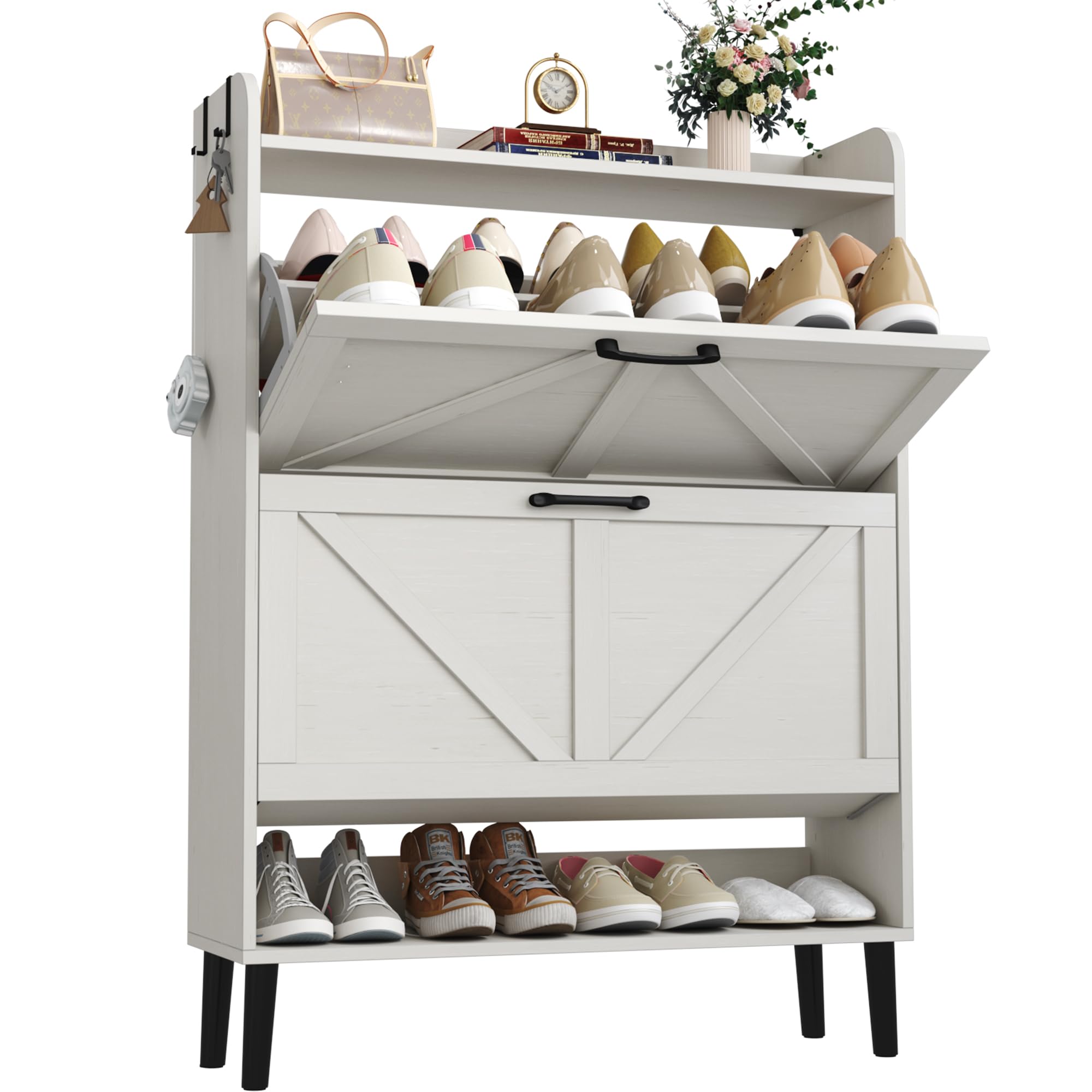 HOME BI Farmhouse Shoe Cabinet with Two Flip Drawers,3-Tier Shoe Storage Organizer with Open Shelf & Top Display,Freestanding Narrow Hidden Shoe Rack for Entryway Hallway Living Room,Antique White