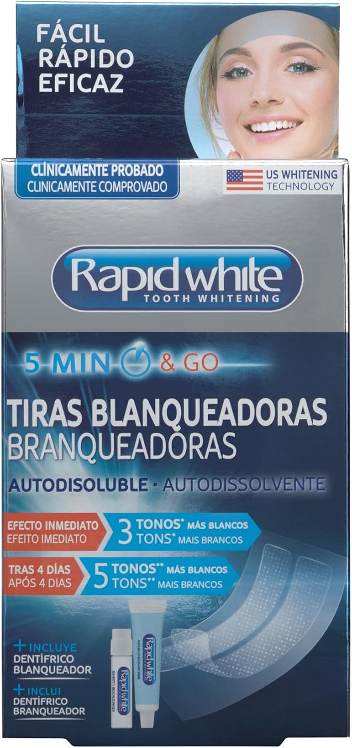 Rapid White, Set de Tiras Blanqueadoras de Dientes Autodisolubles con Pasta Dental Blanqueadora, Hasta 5 Tonos Más Blancos en Solo 4 Días, Efecto Inmediato, Sin Peróxido de Hidrógeno
