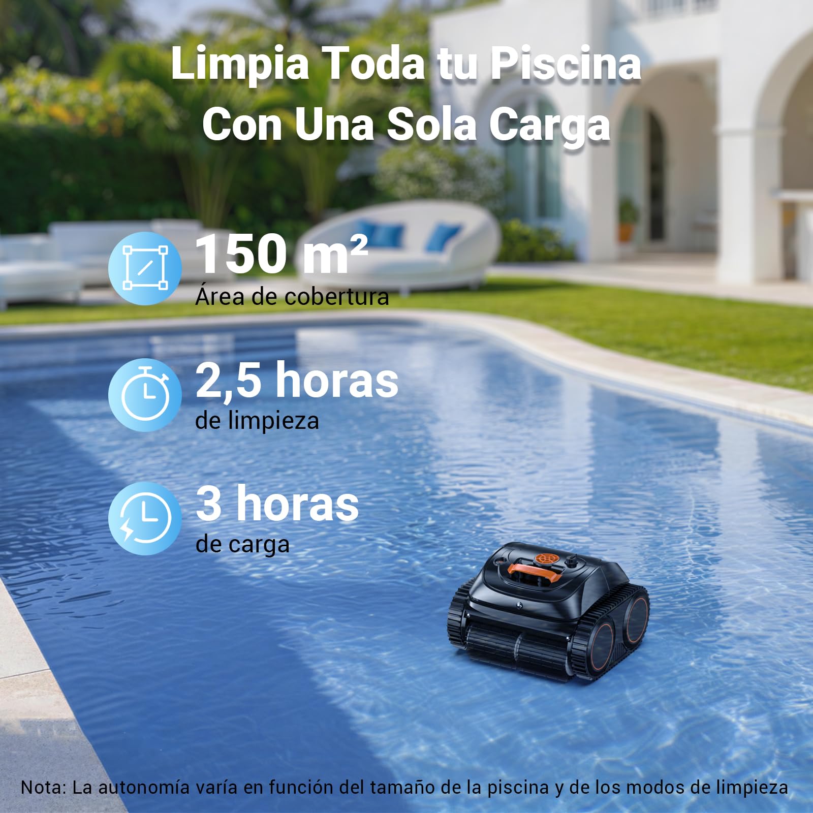 WINNY POOL CLEANER Winny C1 Robot Piscina y Limpiafondos Piscina-Sin Cables, 150 min de Autonomía, Limpia Paredes y Fondo, Navegación Inteligente, Auto-Aparcamiento, Naranja Negro