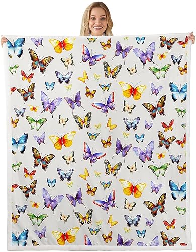 Manta de franela de mariposa, diseño de animales de jardín de fantasía y mariposas coloridas para decoración de habitaciones, manta de estilo