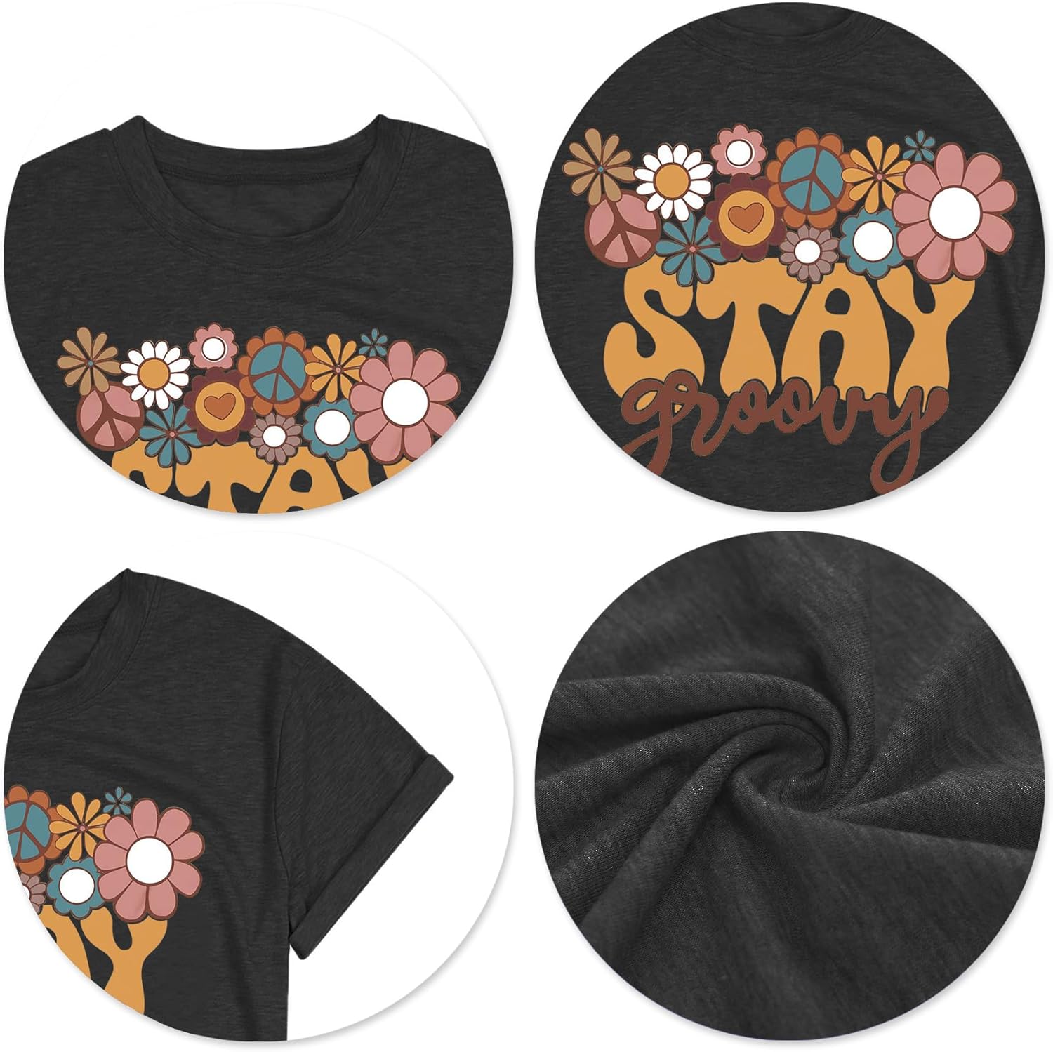 Stay Groovy Shirt for Womens:Hippie 70s T-Shirt Cute Hippie 70s T-Shirt Casual Short Sleeve Tee Tops - Image 5