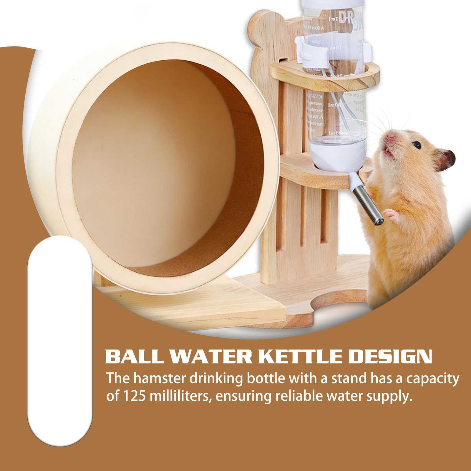 Juego de 2 botellas de madera para hámster con soporte, 20 cm, rueda de hámster de madera, botellas de agua de 125 ml, rueda silenciosa con rodamiento de bolas para animales pequeños, hámsters