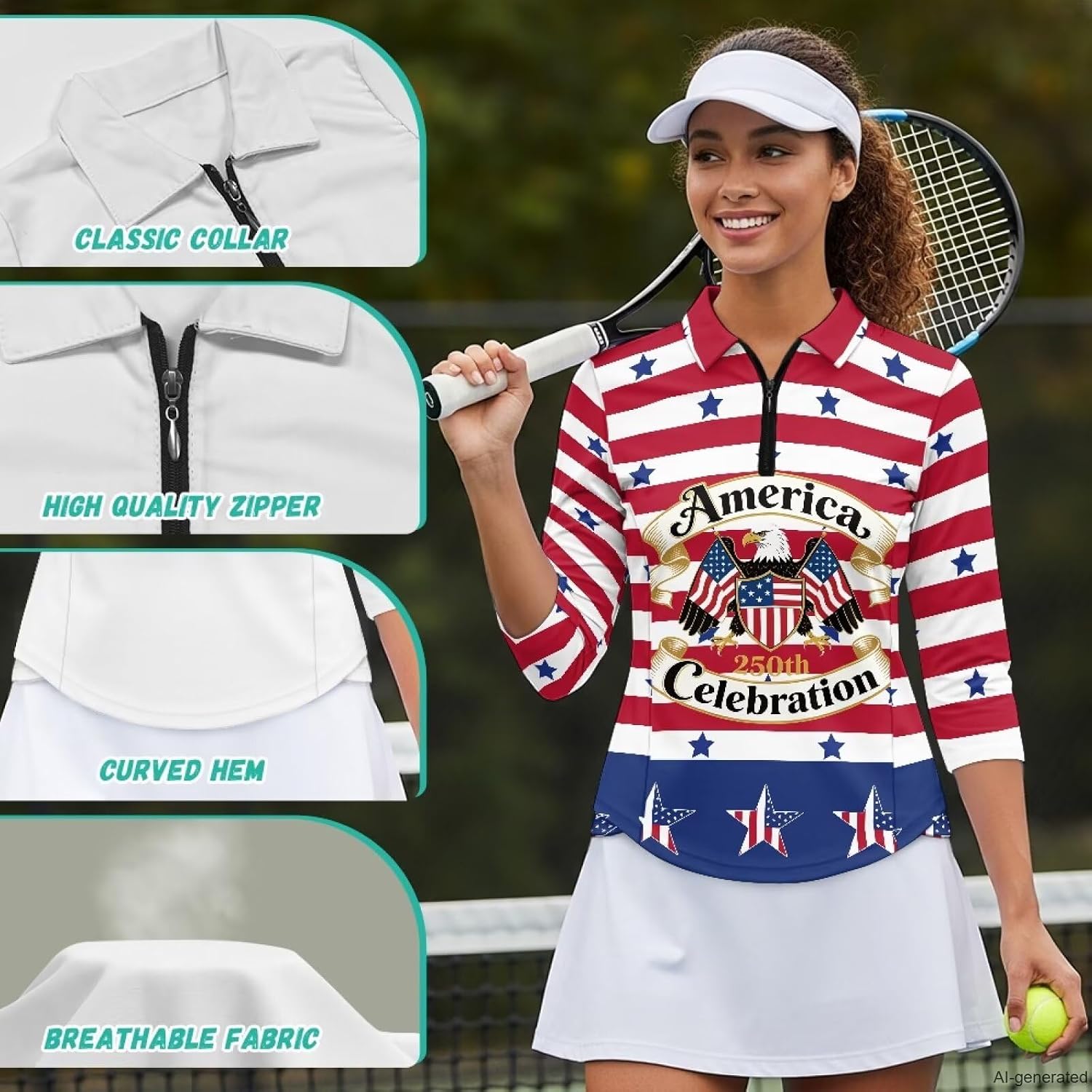 America 250 Years Women's 3/4 Long Sleeve Golf Shirts Zip Collared Tennis Polo Workout Tops Active Running Hiking Pullover Patriotic Tshirt 4th of July Outfits USA 250th Anniversary