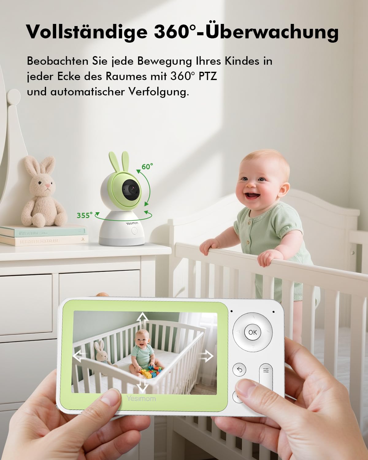Babyphone mit Kamera 1080P HD PTZ 360°, 4.3" WLAN Baby Monitor mit App, IR Nachtsicht, 4X Zoom, Video Babyfon mit Bewegungs-/Geräuscherkennung, 2-Wege-Audio, Auto-Tracking, Bereichsalarme