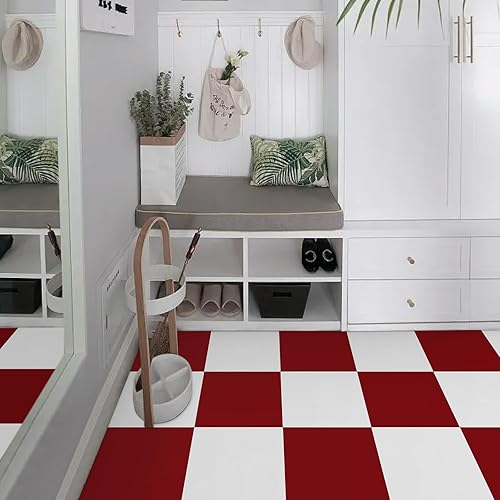 Miniatura 6 de Azulejos de vinilo para despegar y pegar, azulejos de piso a cuadros blancos y rojos de 12 x 12 pulgadas. Suelo de bricolaje para comedor, baño y