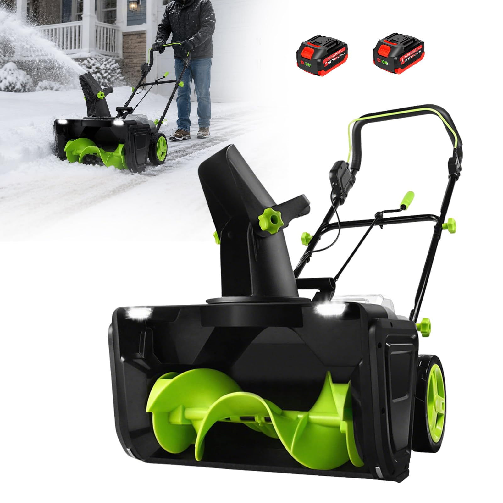 Spazzaneve a Batteria 40V al Litio,Vialetto e Ingresso Casa， Pala da Neve Elettrica con Motore Brushless 3500W, Larghezza 50cm, profondità 25 cm, Lancio Neve 7,6m,luci LED 2Batteries