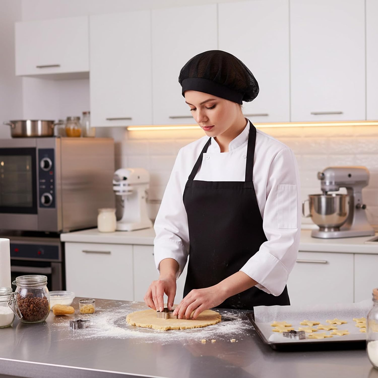 Nogeqi 4 Pcs Elastic Black Chef Hat, Mesh Chefs Hat for Foodservice, Hair Nets Adjustable Hairnets for Kitchen Food Service Restaurant Women Men with Brim
