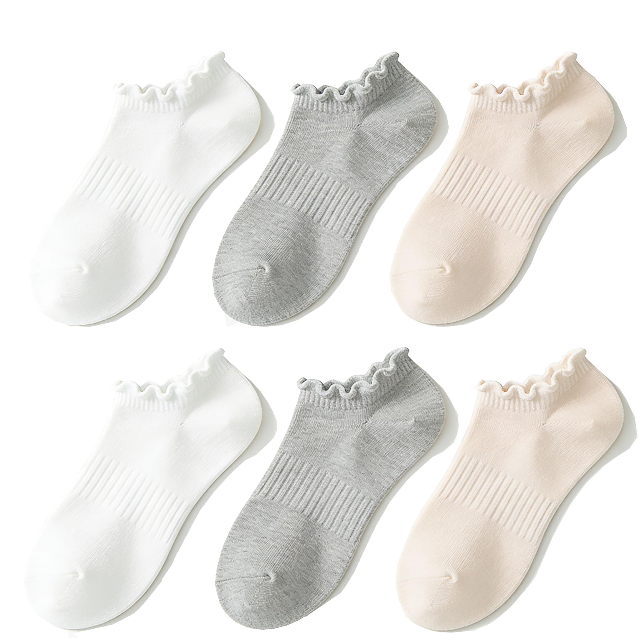 No Show Socks Womens Low Cut Non Slip Ruffle Ankle Socks 6 Pairs | Frilly Soft Cute Solid Color Lettuce Edge Comfort Breathable One Size 5-9