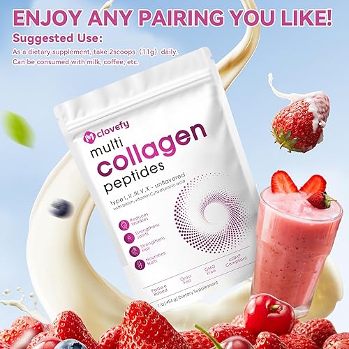 Miniatura 7 de Multi Collagen Peptides Powder, 16 oz (41 porciones)  Suplemento proteico tipo I, II, III, V, X con ácido hialurónico, vitamina C y biotina, sin