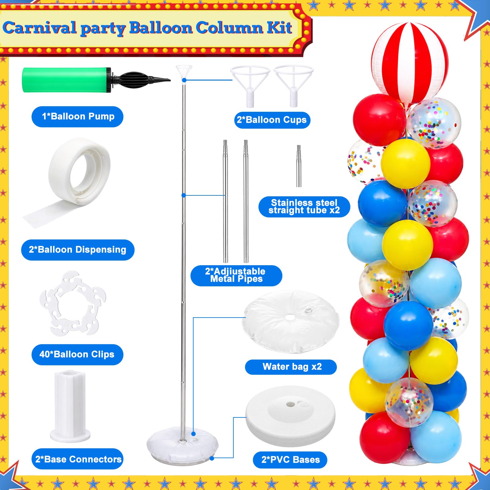Hungdao Juego de 2 soportes de columna de globos de circo de carnaval, tubo de metal ajustable de 2 m con soporte de torre de globos a rayas rojas y blancas con bases para carnaval, suministros de