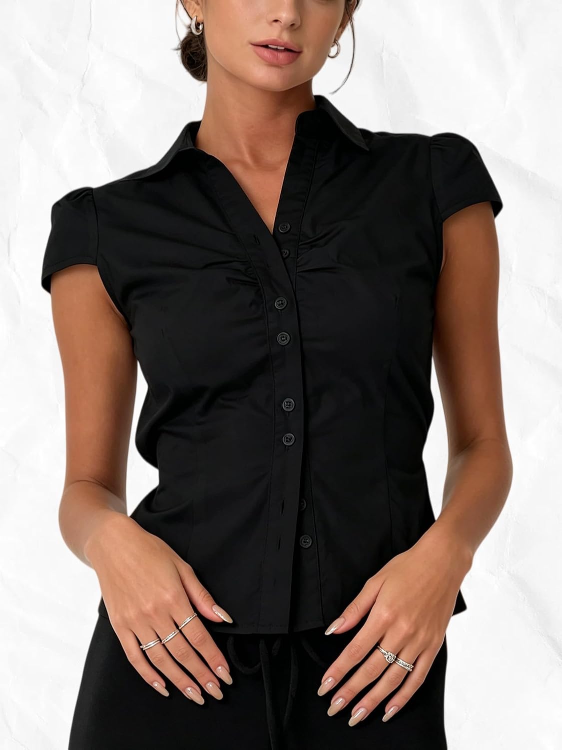 Seyumixi Y2k Button Up Shirt Women Short Sleeve V Neck Cropped Blouse Slim Fitted Collared Top Cute Preppy Coquette Tops