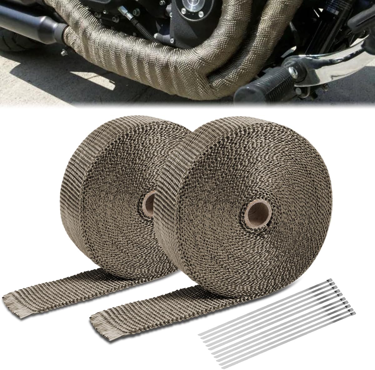 Exhaust Header Heat Wraps with 10 Zip Ties for Motorcycle Car Exhausts Headers, 2" x 50' Heat Shield Tape Roll, Natural Titanium Fiberglass & Steel