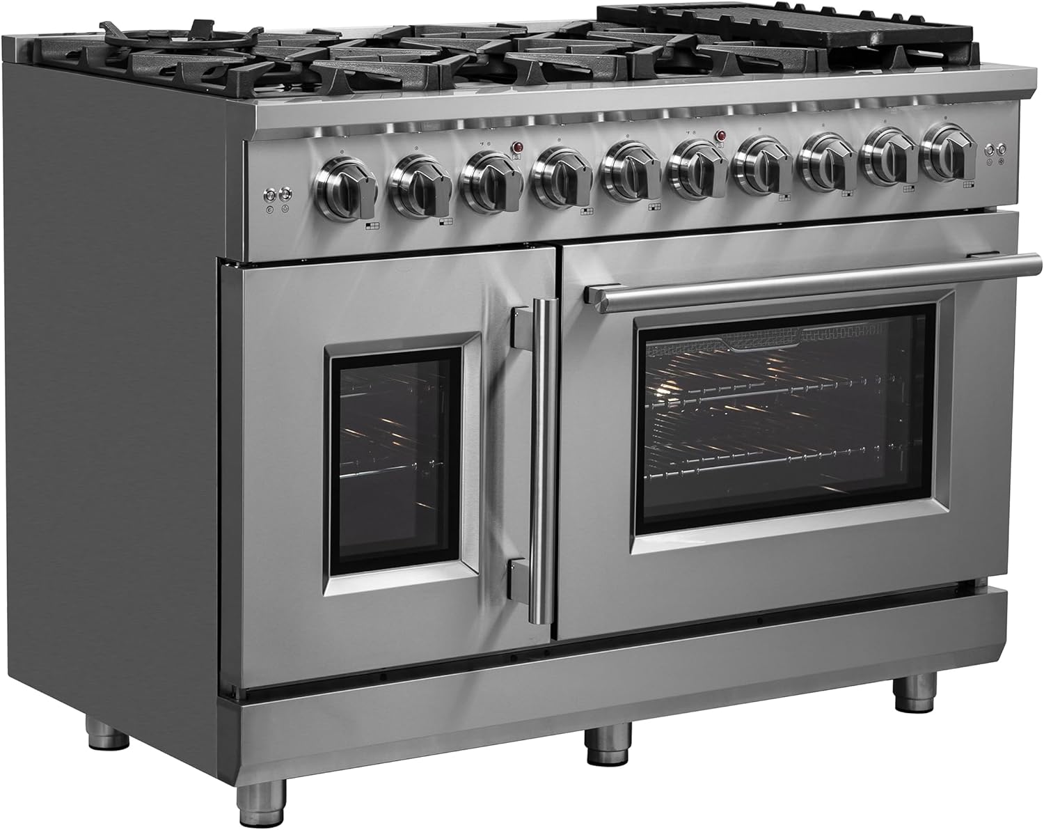 Forno 48-inch French Door Gas Range with 1 Sealed Dual-Ring Brass Burner 20K BTU - 4.32 Cu.Ft Convection Fan Oven 30,000 BTU - Modern Design Kitchen Range with Air Fryer Basket, Rack & Drip Pan