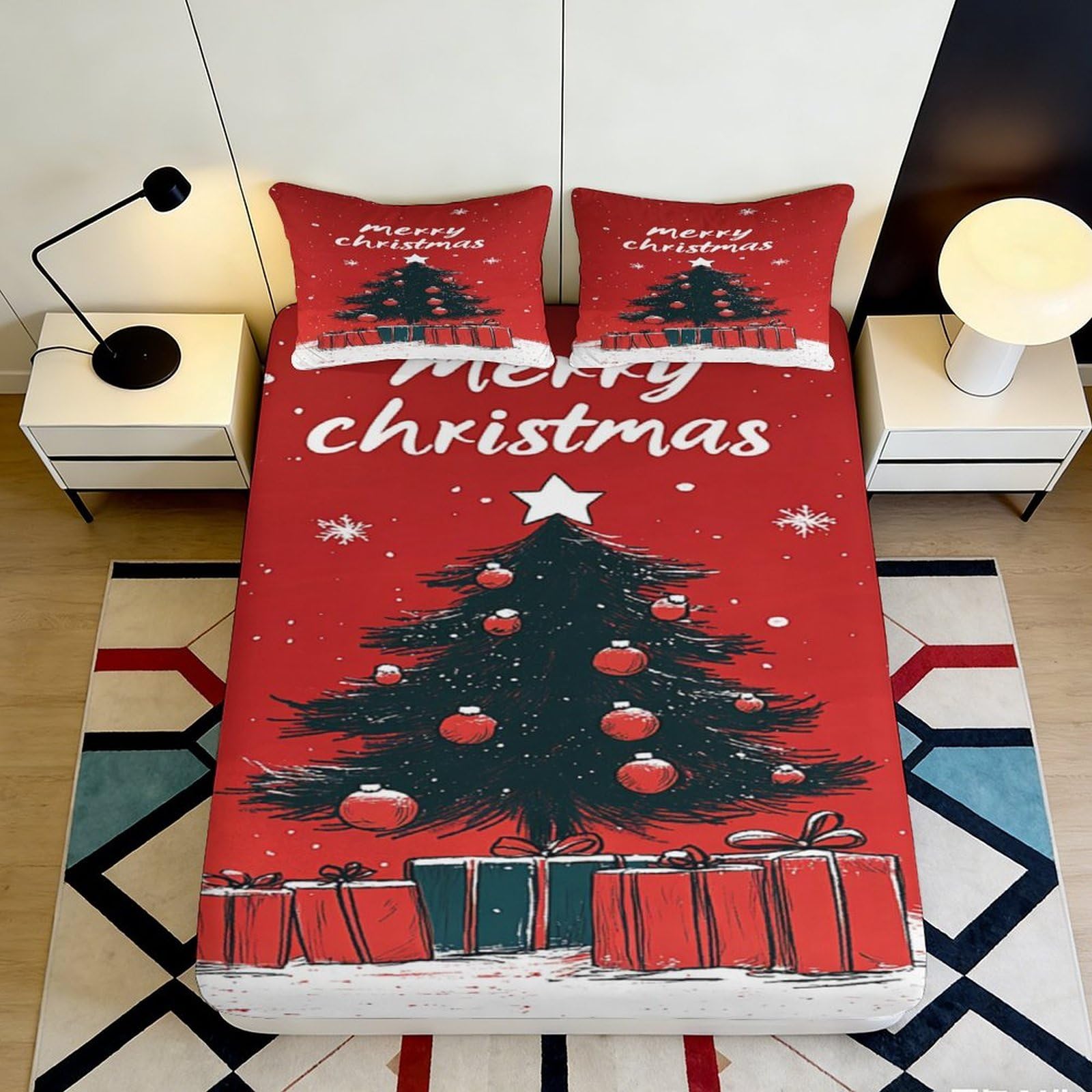 3D Printed Christmas Tree Fitted Sheet Microfiber Red Merry Christmas Bed Cover for Bedroom Guest Room Decor 90x200x25cm