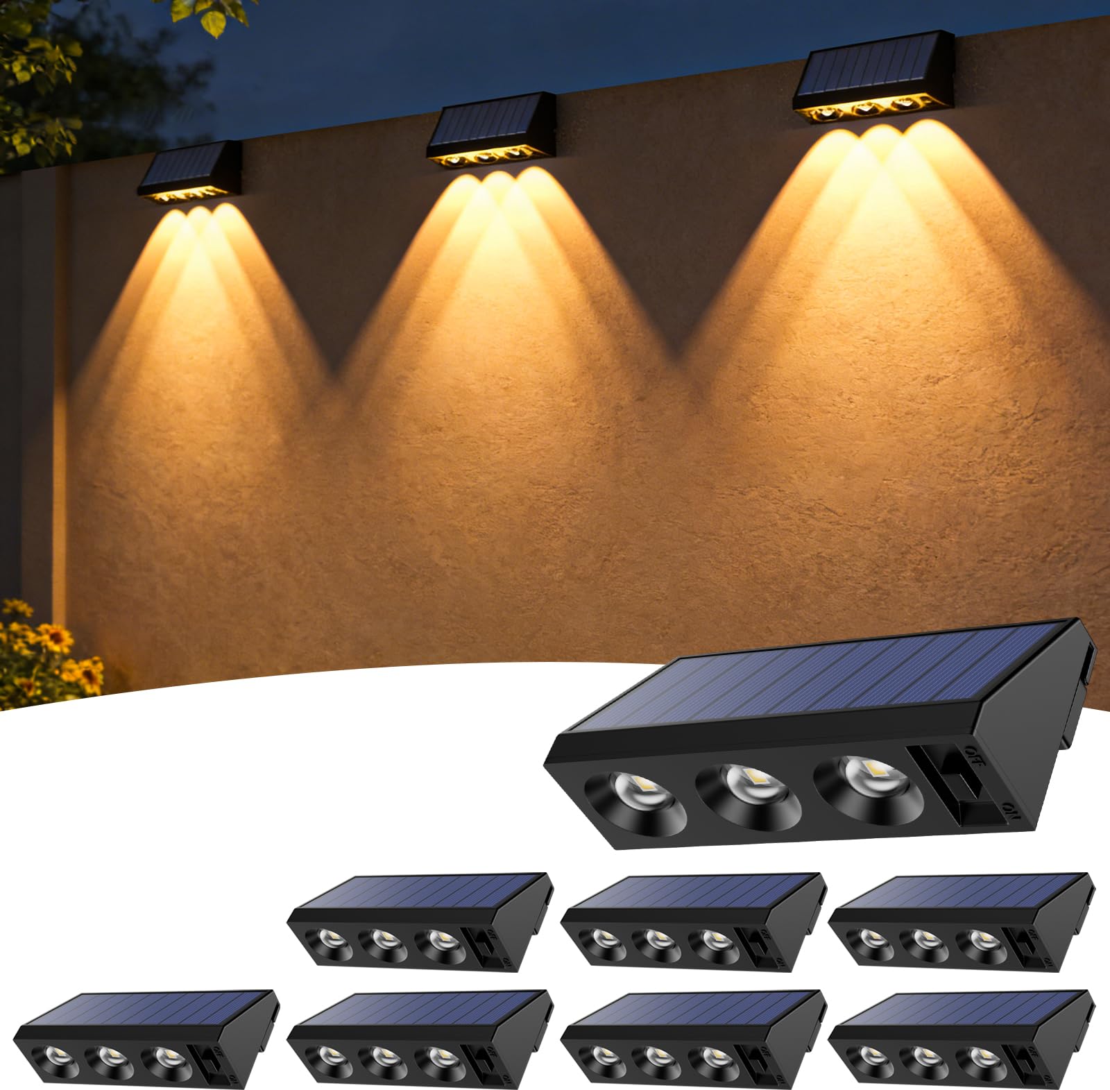 Wudyfei Warm White Solar Fence Lights Outdoor, 8 Pack Solar Wall Lights With 3Led, Waterproof Ip65, 3 Convex Lenses Increase Brightness Solar Powered Garden Lights For Patio Yard Deck Gate Decorations