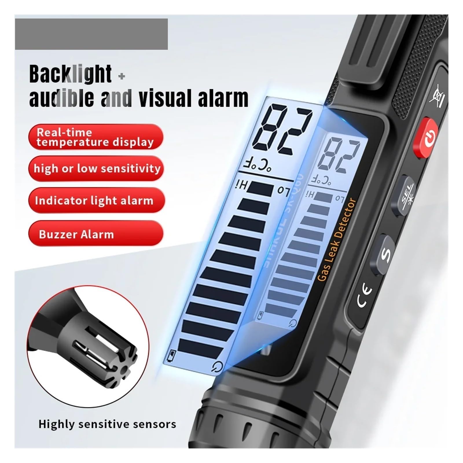 Detector de Gases, Detector de Fugas Gas, Combustible Natural, CO2, inflamable, Alcohol, GLP, metano, analizador, Recargable, zumbador, Alarma, PPM, LEL, comprobador