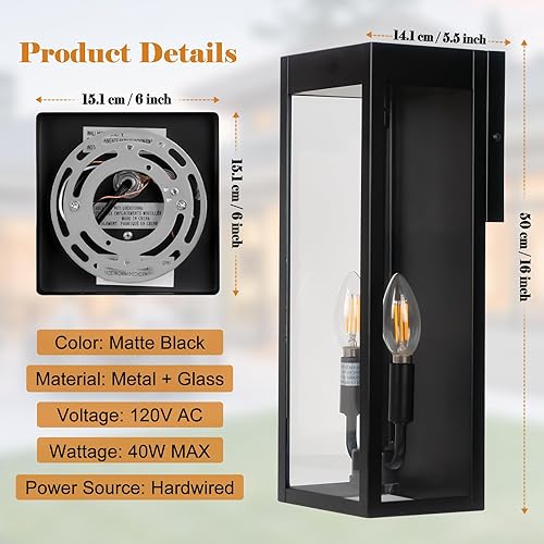 Miniatura 7 de Luces de pared para exteriores de 16 pulgadas grandes, paquete de 2 accesorios de iluminación exterior modernos negros montados en la pared con luz