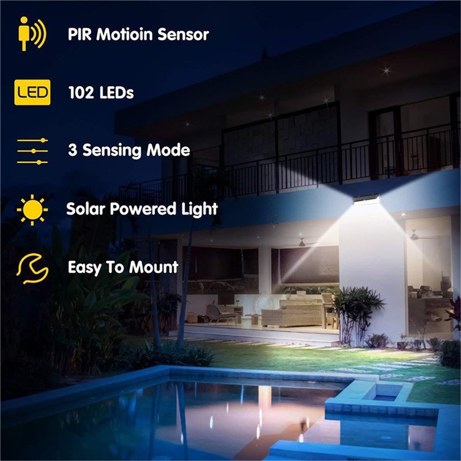 Luce LED solare potente per esterni, sensore di movimento, luce da parete, impermeabile, super luminosa, per porta d'ingresso, garage, giardino, strada (180COB)