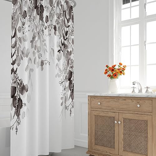 Miniatura 3 de Cortina de ducha de eucalipto blanco y negro para baño con 12 ganchos, cortinas de ducha mejoradas impermeables con hojas de plantas, cortina de