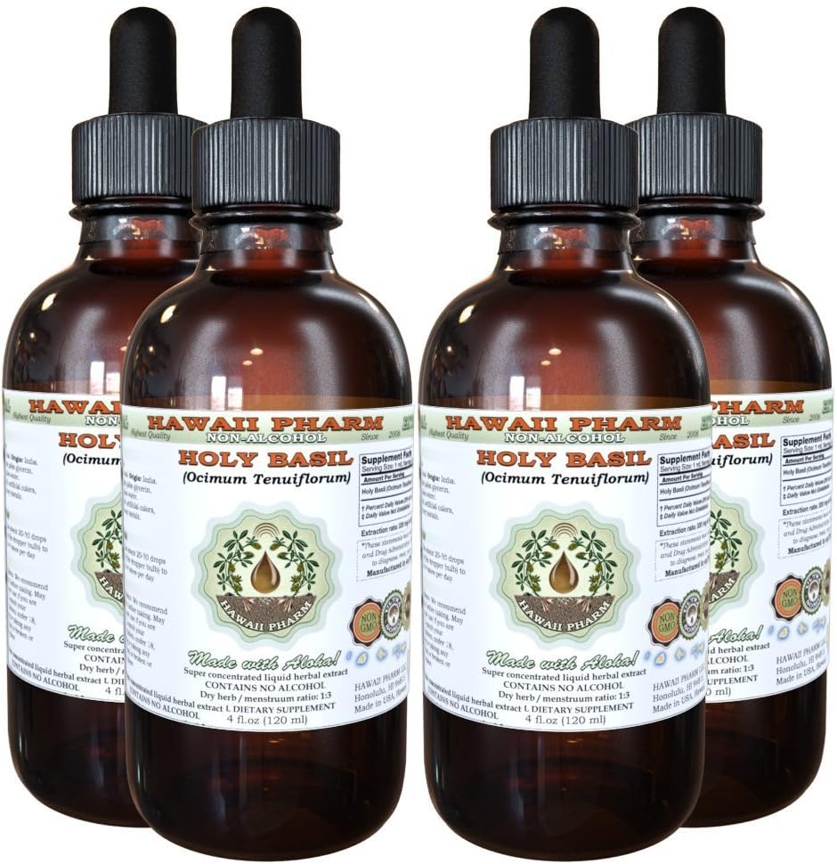 Hawaii Pharm Holy Basil Alcohol-Free Liquid Extract, Holy Basil (Ocimum tenuiflorum) Dried Leaf Glycerite Natural Herbal Supplement 15x4 oz