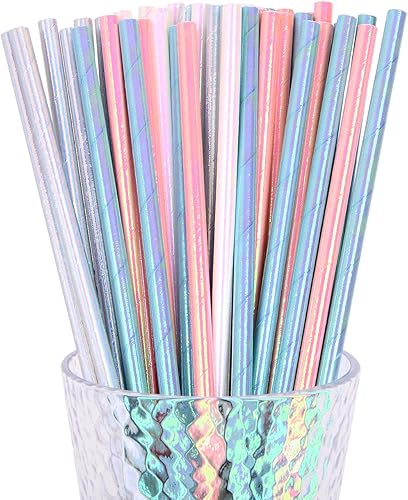 YAOSHENG Pajitas de papel iridiscente, paquete de 100 unidades para suministros de fiesta, cumpleaños, boda, noviababy shower, jugo, batidos, batidos