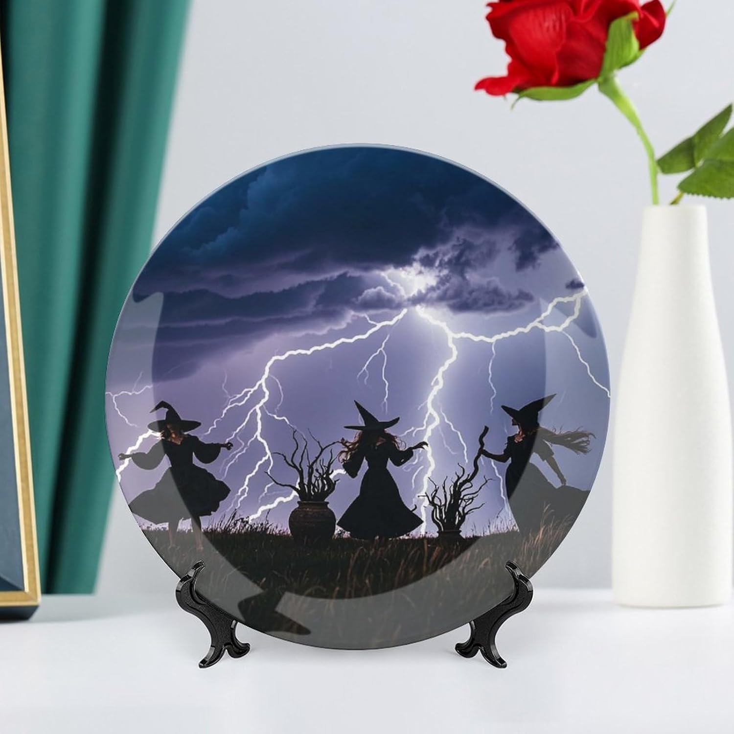 Witch Prayed Ceramic Plate 10inch Decorative Bone China Wall Hanging Ornament Plates Bohemian Style Dinner Plate with Display Stand Cabinet Display Plates for Home Art Decor
