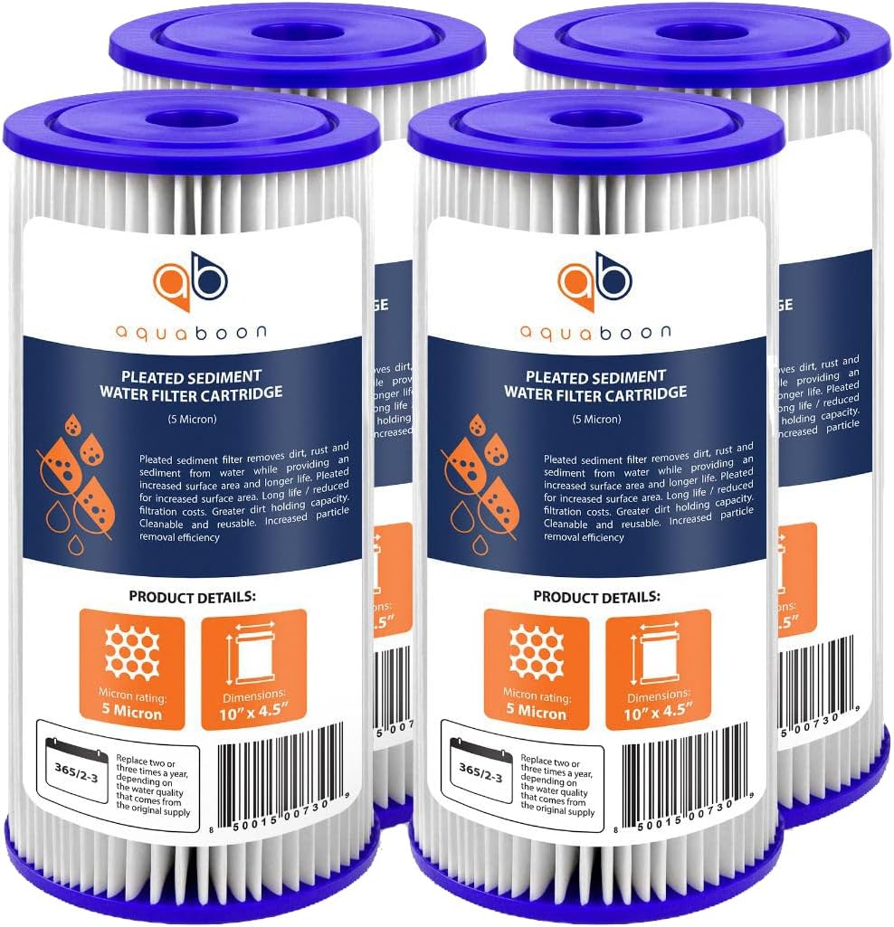 Aquaboon 5 Micron Pleated Sediment Water Filter 10 x 4.5 Cartridge – Whole House Water Filter Replacement – Whole House Water Filters Cartridges Compatible with Well Filters FXHSC, R50-BBSA, 4-Pack