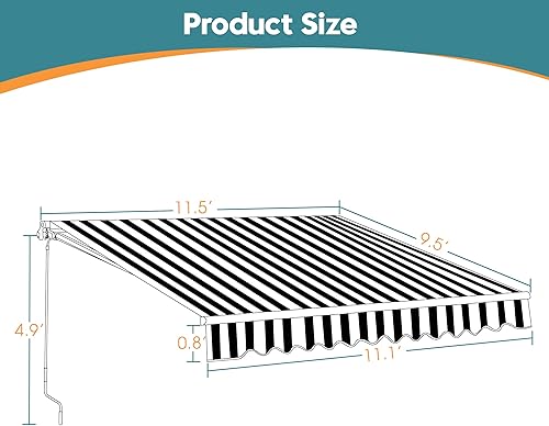 Miniatura 9 de MCombo Toldo retráctil manual de 13 x 8 pies para ventana de patio, toldo para exteriores (gris con rayas blancas)