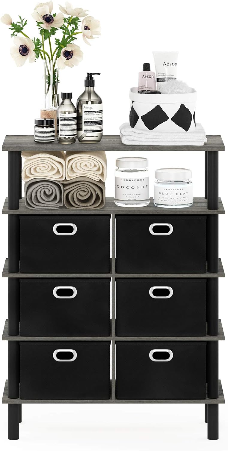 Furinno Frans Toolless Assembly Entryway Table, 4-Tier Grey Console Table with Storage Drawer Bins, Open Back Sofa Table, Side Table, for Living Room, Home Office, Entryway, Grey Oak