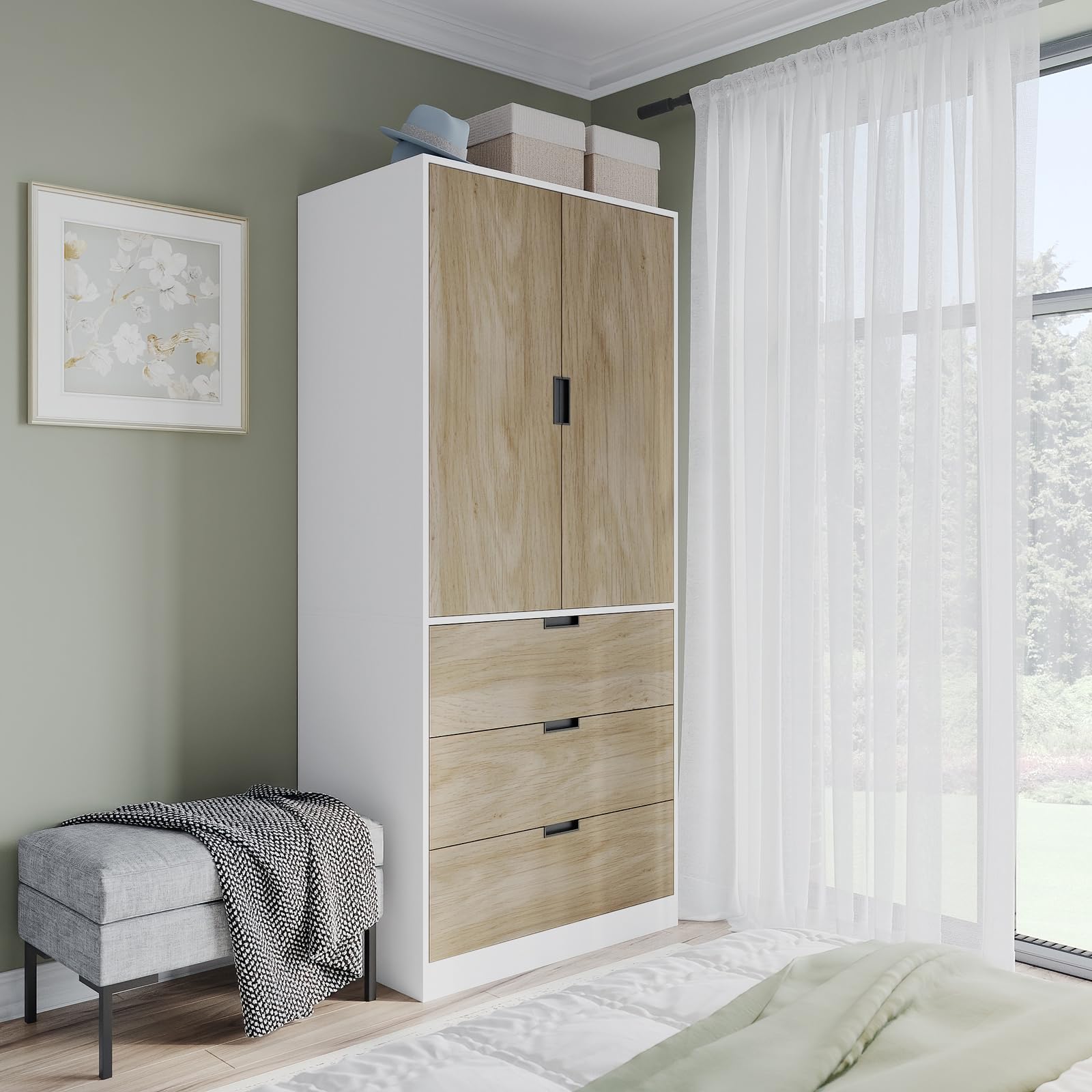 URBNLIVING Modern 2 Door Wardrobe with 3 Drawers & Hanging Rail, Stylish Freestanding Storage, Spacious Interior - Image 3