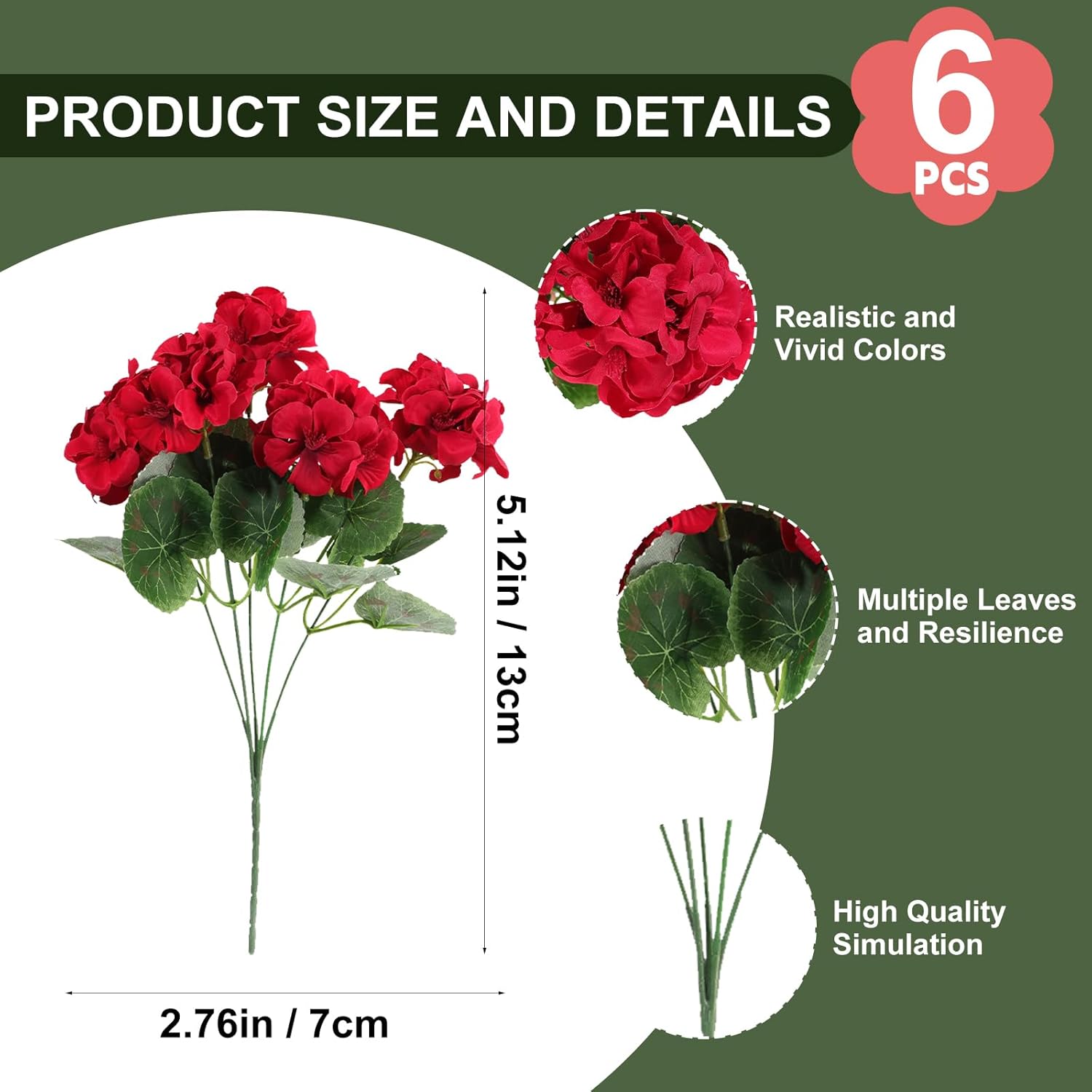 Outdoor Artificial Flowers Red 6 Bundles: Maintenance-Free, Near-Identical to Natural Counterparts, Long-Lasting Vivid Color Retention for Months, UV-Resistant