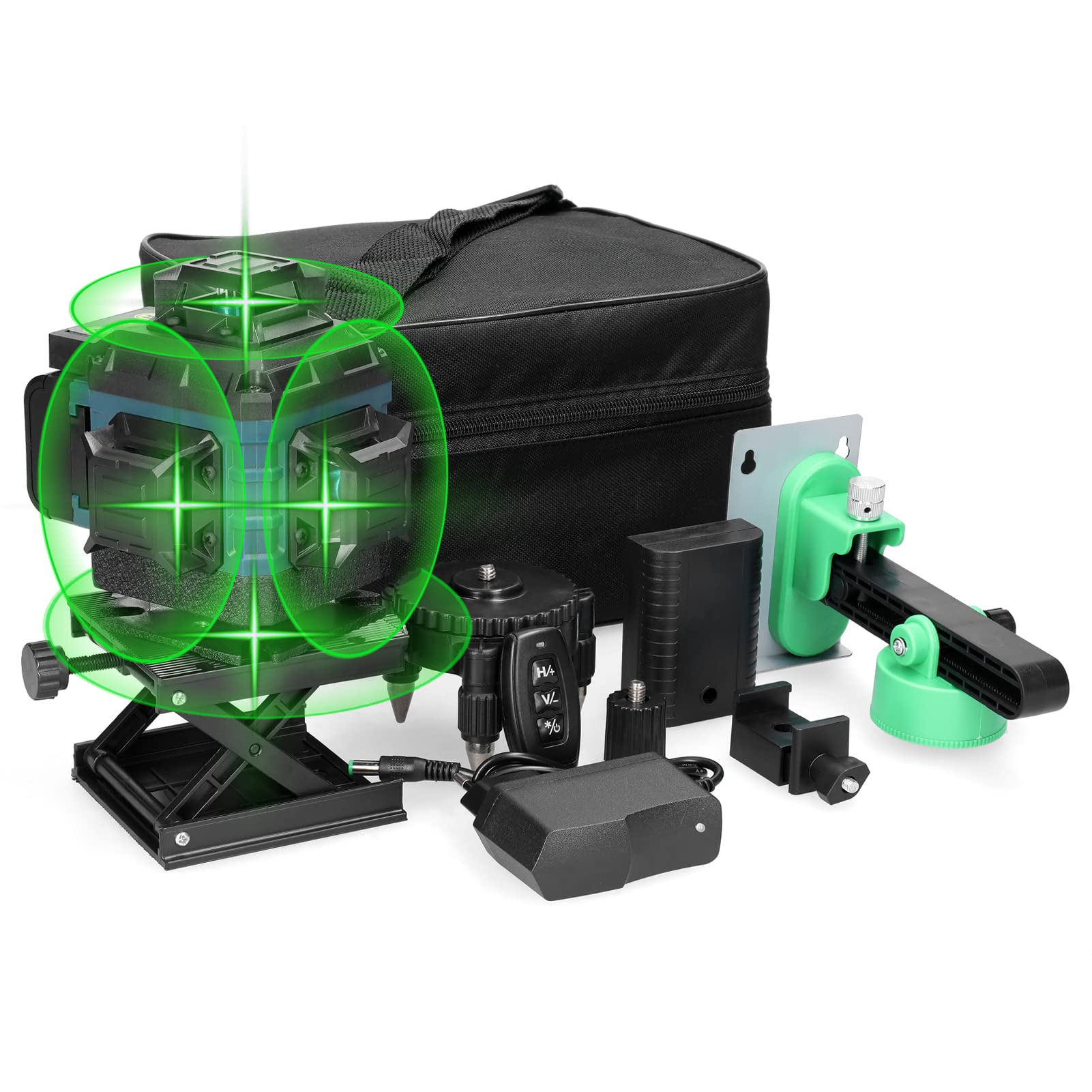 Livello laser 360° 4D 16 linee di auto-livellamento del livello laser verde rotante | IP54 impermeabile | 2 batterie da 2400 mAh ricaricabili | telecomando | livello laser 360