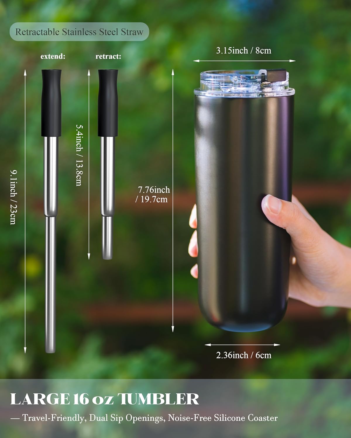 16 oz Insulated Coffee Tumblers, Travel Coffee Tumblers with Straw, Double-Wall Stainless Steel Tumbler, Leak Proof Tumbler, Reusable Cups with Lids for lced and Hot Drinks (Black) - Image 5