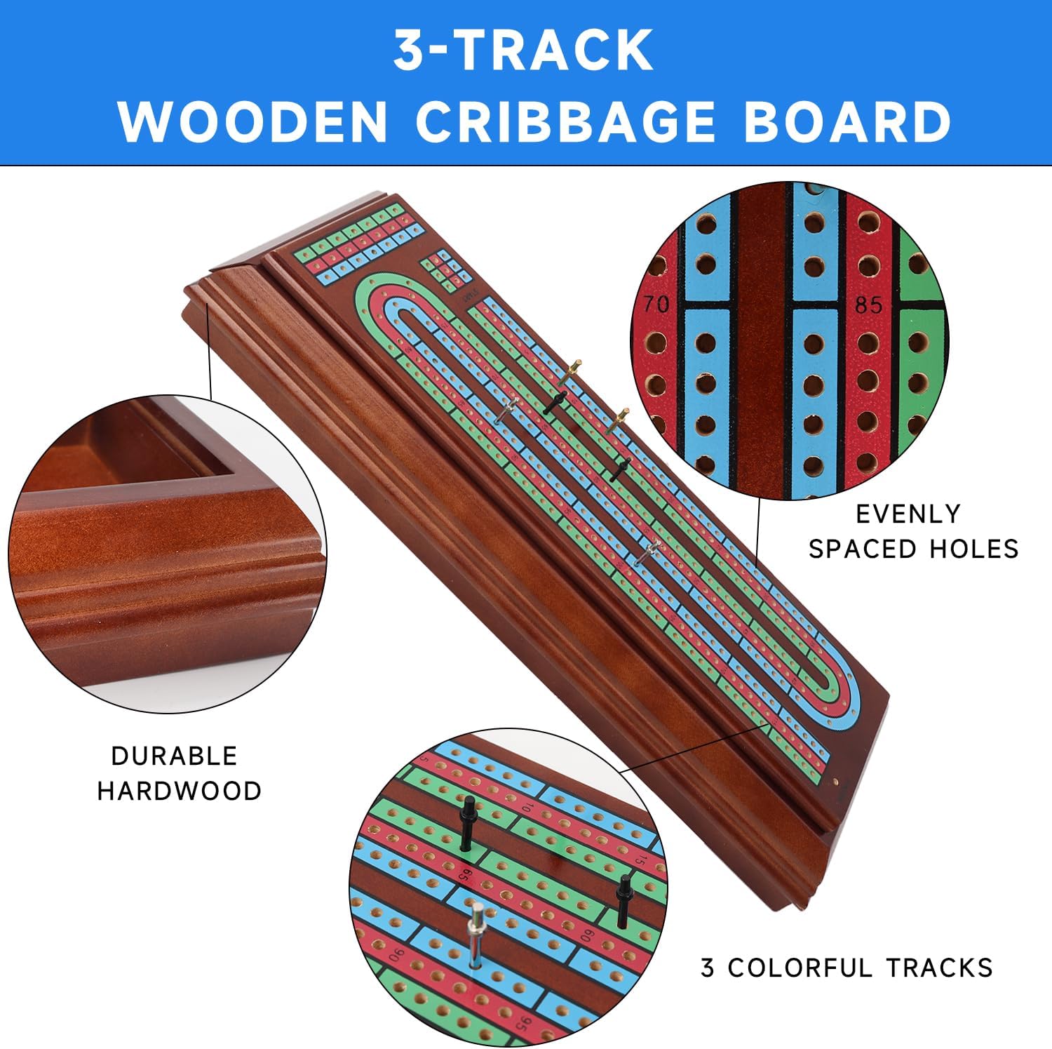 GSE Games & Sports Expert Multi-Color 3-Track Wooden Cribbage Board Game Box with 2 Deck Playing Cards, 9 Metal Pegs and Large Storage Drawer