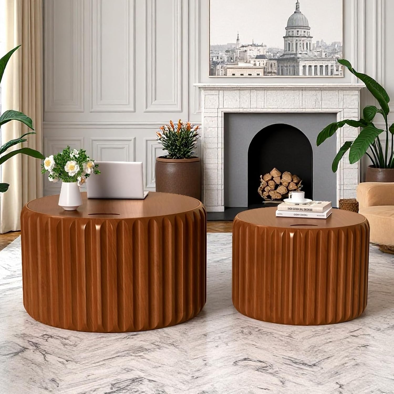 Round Nesting Coffee Table Set of 2 Wood Drum Coffee Tables with Storage Modern Accent End Table Side Table Set for Living Room, Bedroom, Small Space, Minimalist Bedside Table (Brown Set of 2)