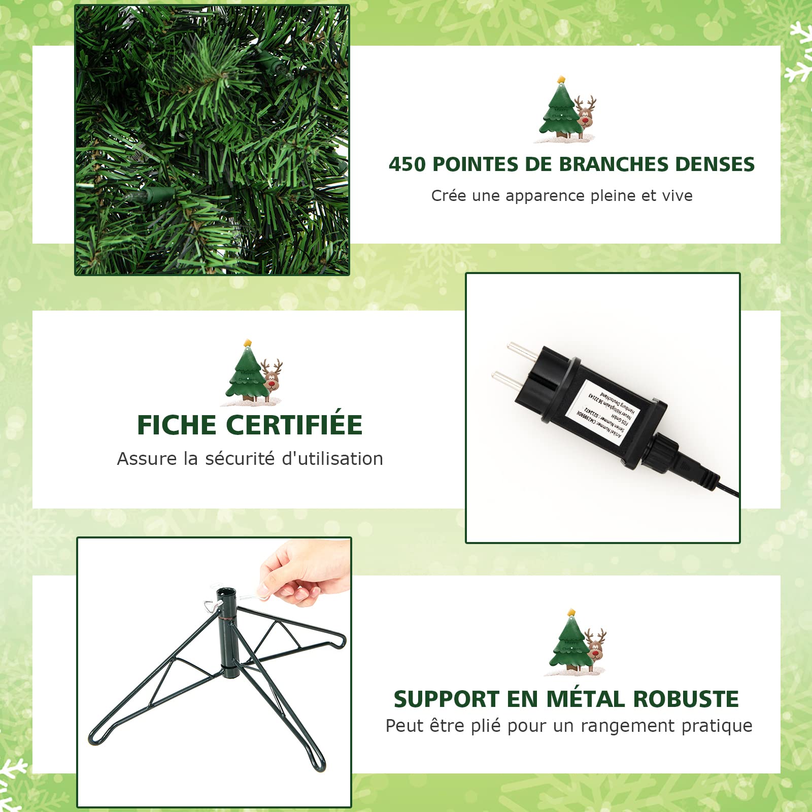 COSTWAY Sapin de Noël Moitié Artificiel 210 cm, 150 Lumières LED Blanc Chaud, Arbre Pliable avec 450 Branches, Support en Métal, Décoration Fête, Convient pour Les Coins
