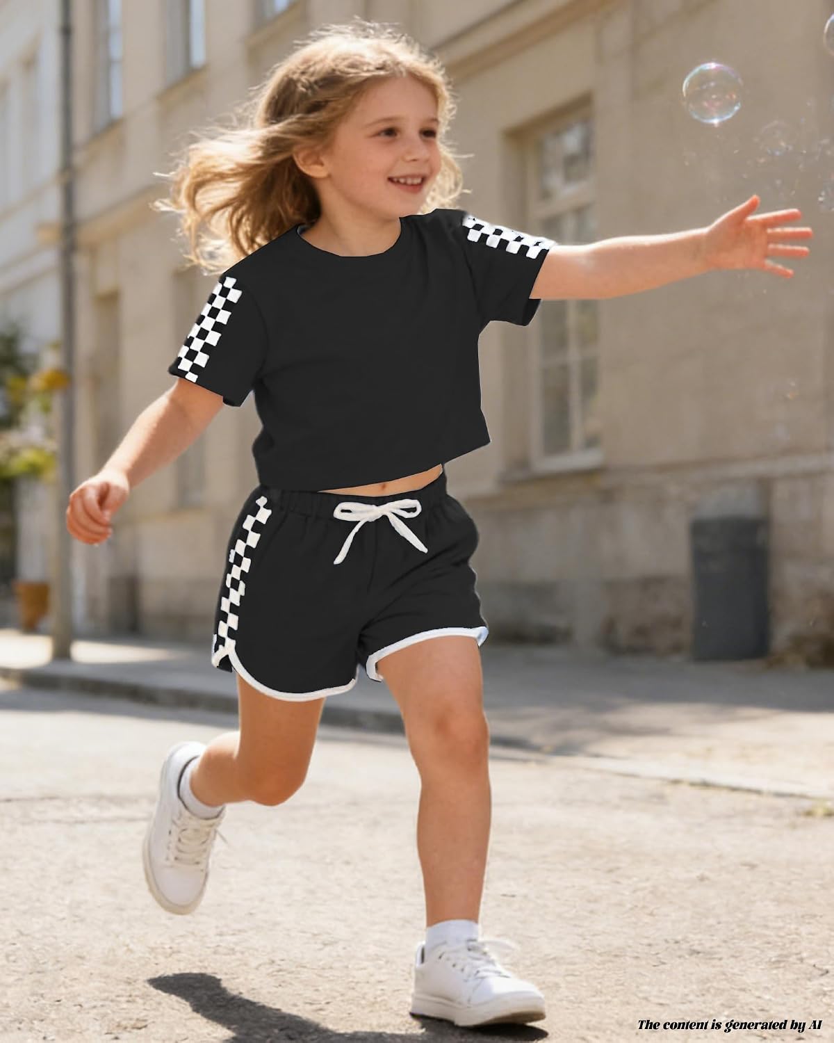 Betusline Girl's 2 Piece Outfits Summe Short Plaid Sleeve Summer Crop Top Shorts Set，4-14 Years