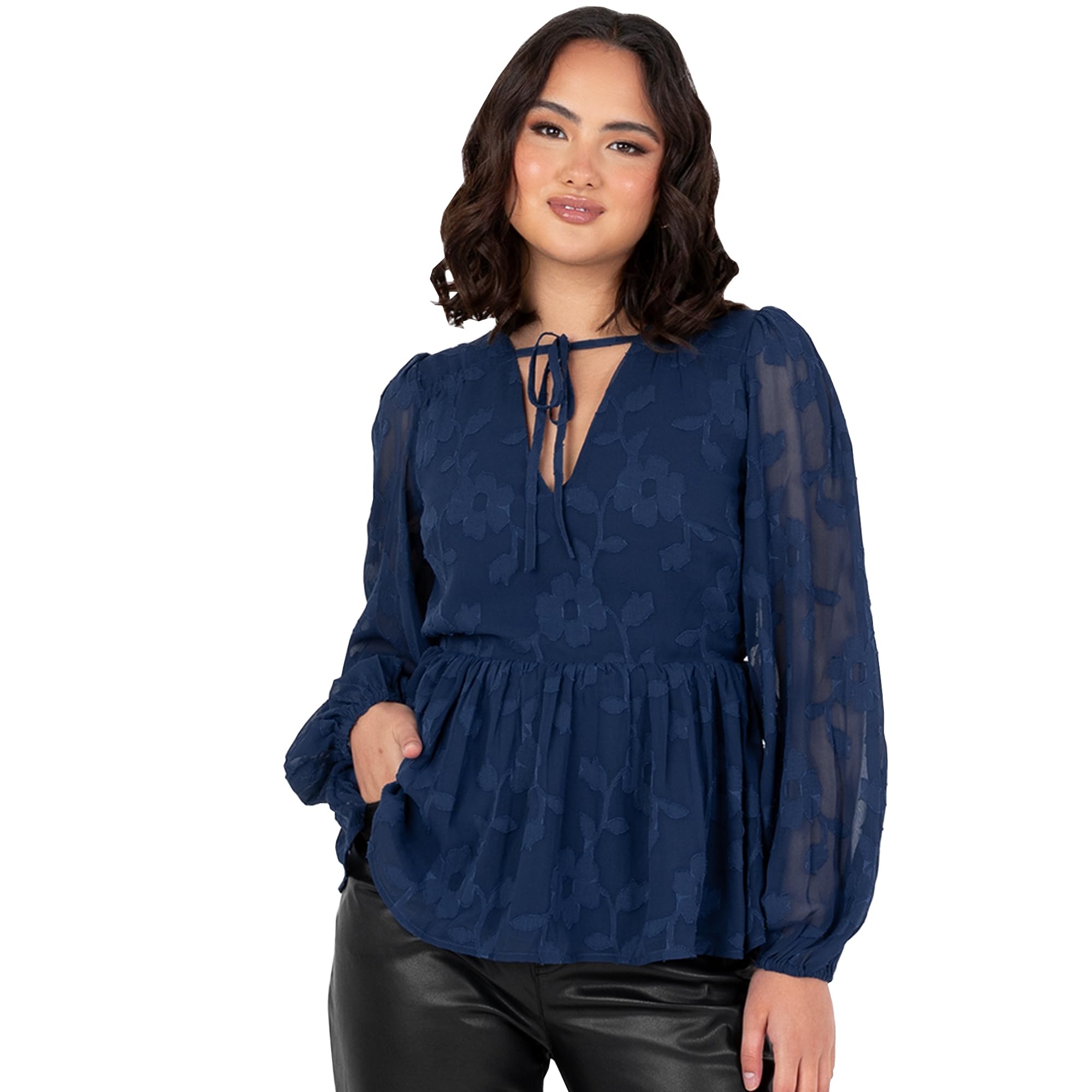 Lovedrobe Women's Floral Top Ladies Blouse Long Balloon Sleeve V-Neckline Peplum Chiffon Tie Front Smart Casual Office Wear Blouse Femme (Lot de 1)