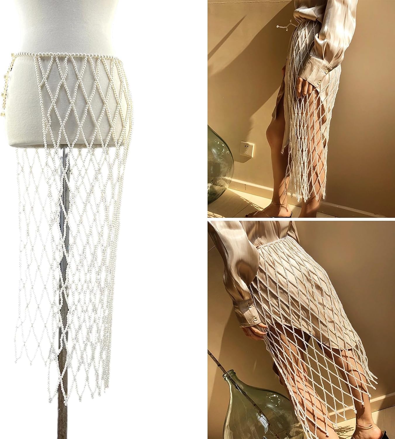 Elegant Imitation Pearls Embellished Mesh Skirt with Intricate Weaving for Fashionable Women Seek Unique Designs