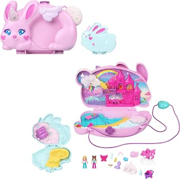 Polly Pocket Wearable Travel Toy with 2 Micro Dolls and 12 Accessories Including Pets, 2-in-1 Bunny Fun Compact Purse Playset with Bunny Unicorn Theme, JFT88 | Purse Playset, 2 Micro Dolls & 12 Accessories Including Pets, Portable, Bunny Unicorn Theme