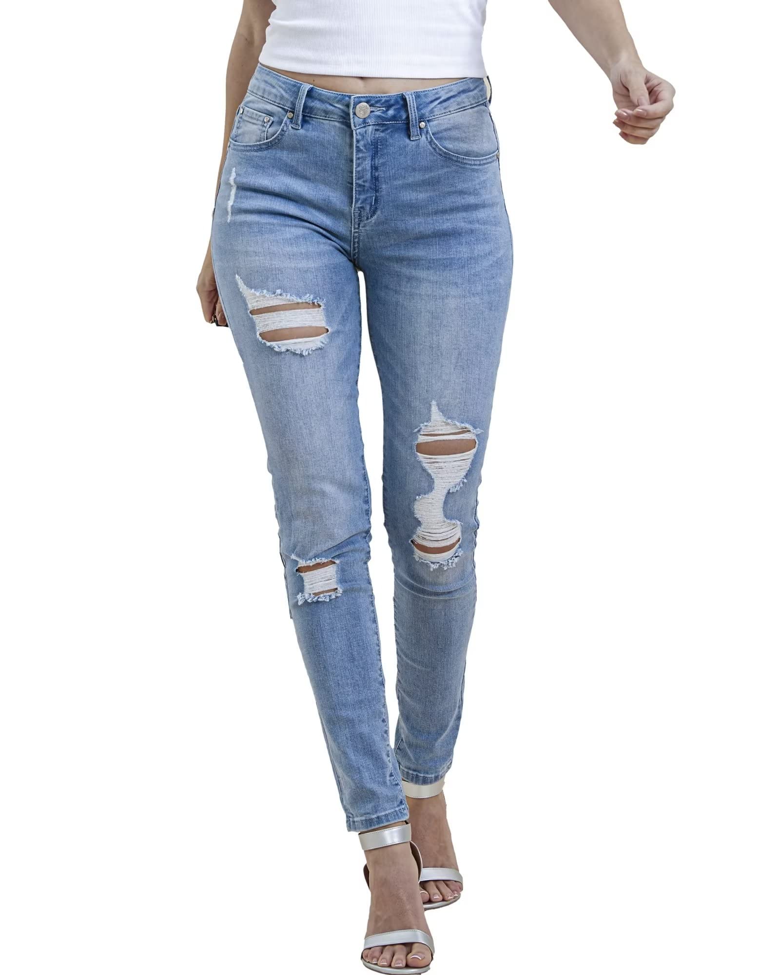 RHODANTHEWomen's Ripped Skinny Jeans Stretch Boyfriend Trendy Jean Women Straight Distressed Jeans