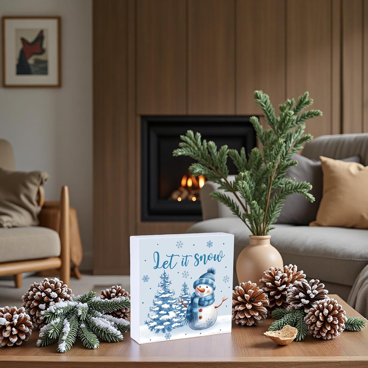 Winter Decorations Indoor Winter Decor Let It Snow Home Room Snowman Tree Office Bathroom Table Wood Box Sign Rustic Wooden Shelf Desk Decor Season Sign House Warming Gifts 5.9 x 5.9 Inch