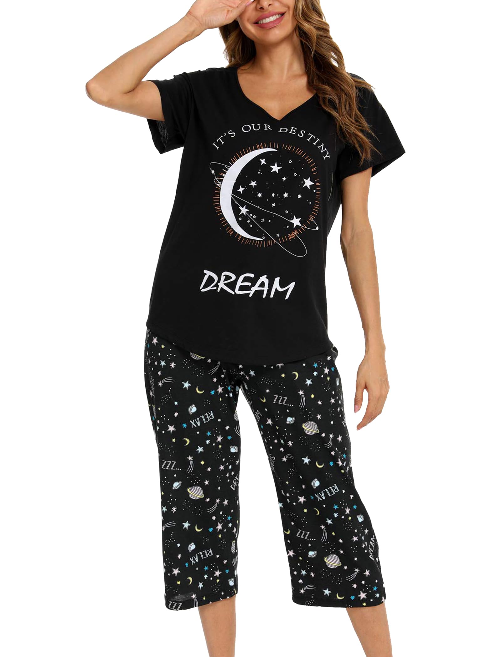 MIA LUCCE Schlafanzug Damen, Capri Pyjama Damen Baumwolle Sleepwear Set | Zweiteiliger Pajamas for Women, Sommer Nachtwäsche, Oberteil und 3/4 Hose, Bequemer Hausanzug für Nacht Freizeit, Gr. S-3XL