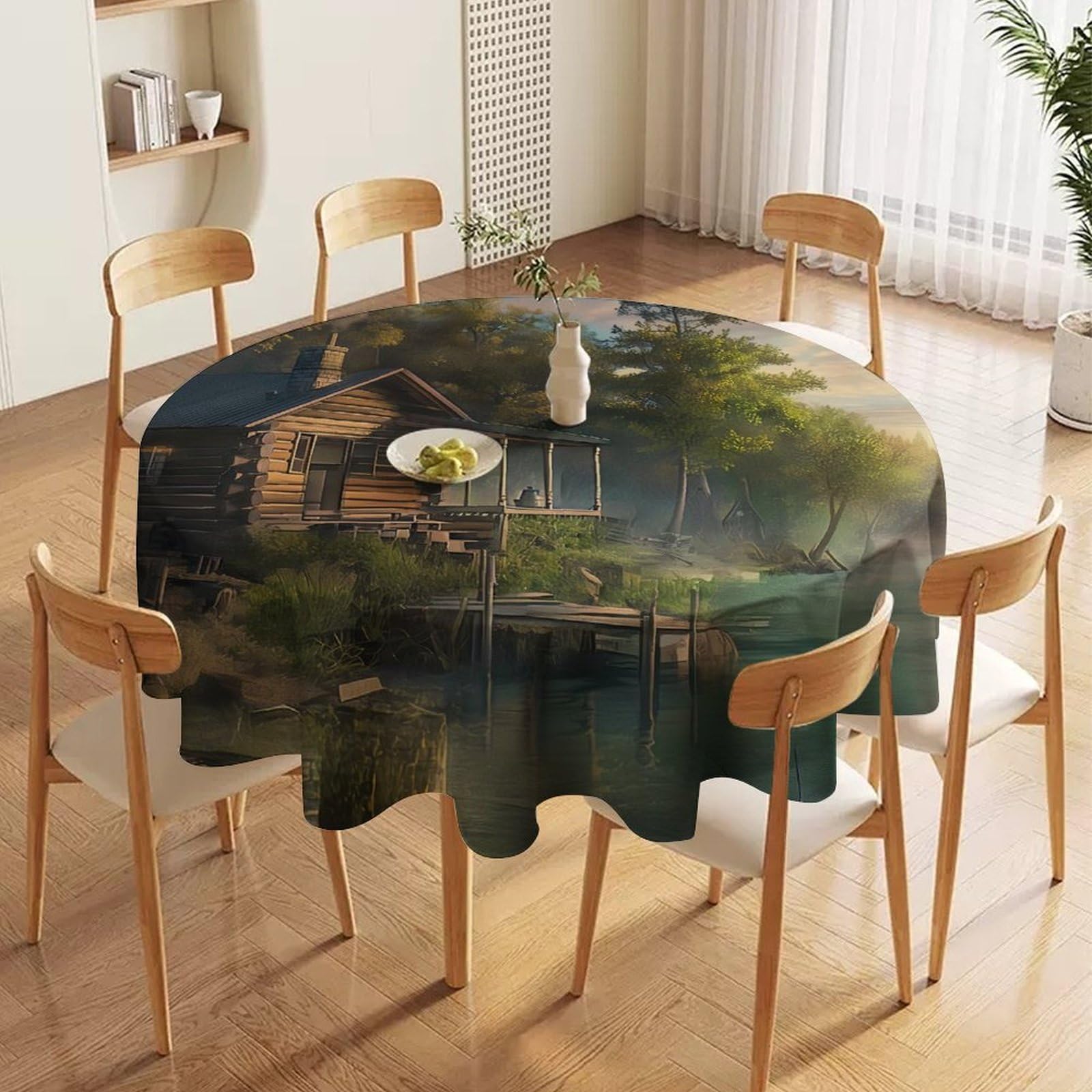 ORDOBO Round Table Cover -Seaside Cabin Fashion Tablecloth Protector 3D Print Wipeable Outdoor Table Cover For Kitchen Dining Home Decoration 91X91Cm